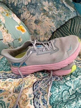 Hoka Women's Light Gray, Pink & Lime Athletic Running Shoes